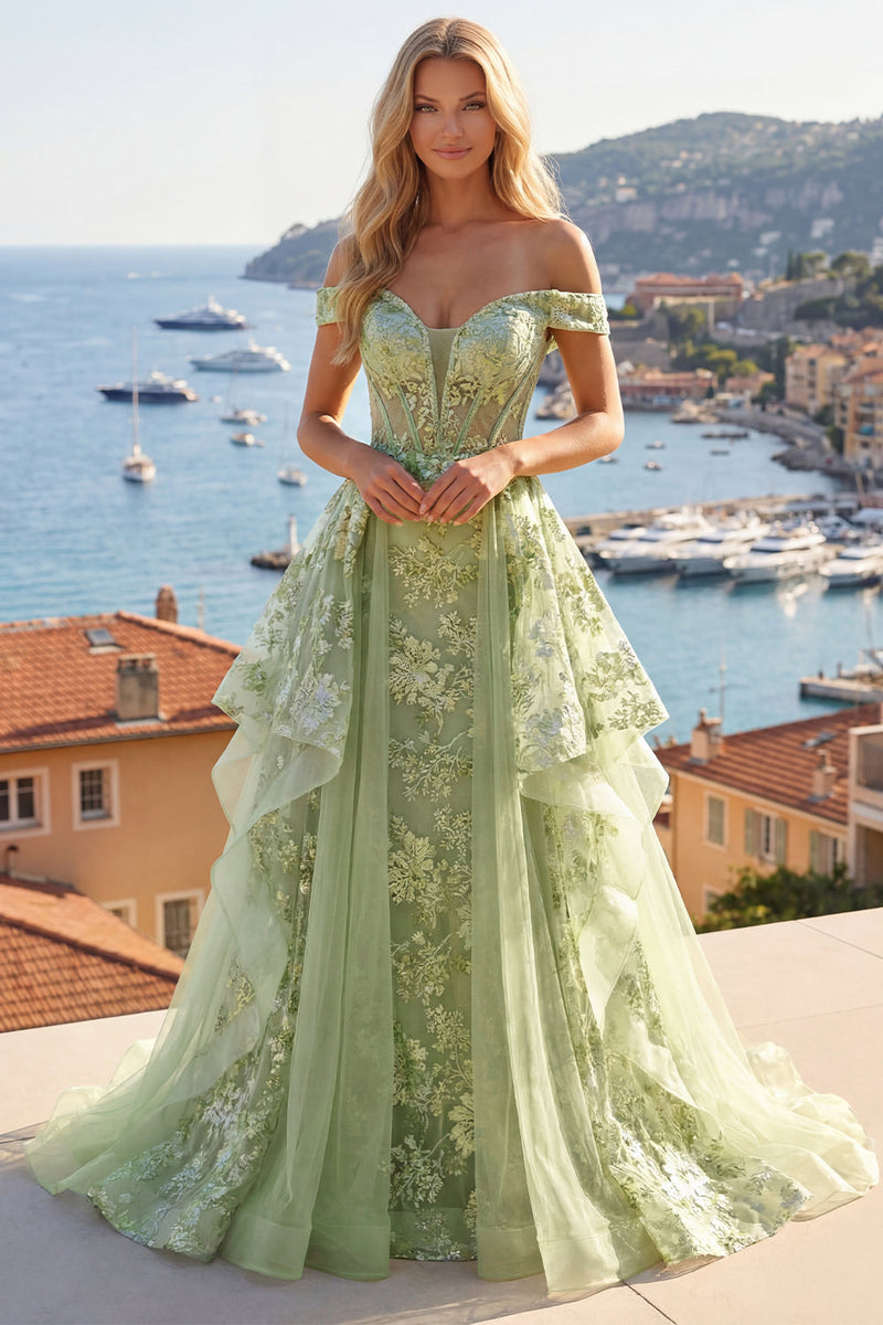 Laden Sie das Bild in den Galerie-Viewer, Off-the-shoulder Grünes A-Linie Korsett Florales Langes Ballkleid mit Rüschen