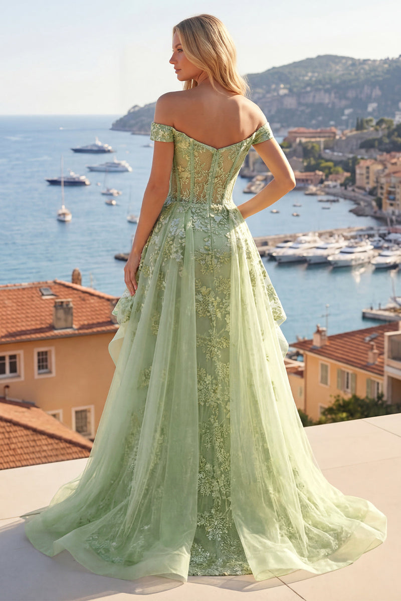 Laden Sie das Bild in den Galerie-Viewer, Off-the-shoulder Grünes A-Linie Korsett Florales Langes Ballkleid mit Rüschen
