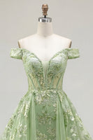 Laden Sie das Bild in den Galerie-Viewer, Off-the-shoulder Grünes A-Linie Korsett Florales Langes Ballkleid mit Rüschen