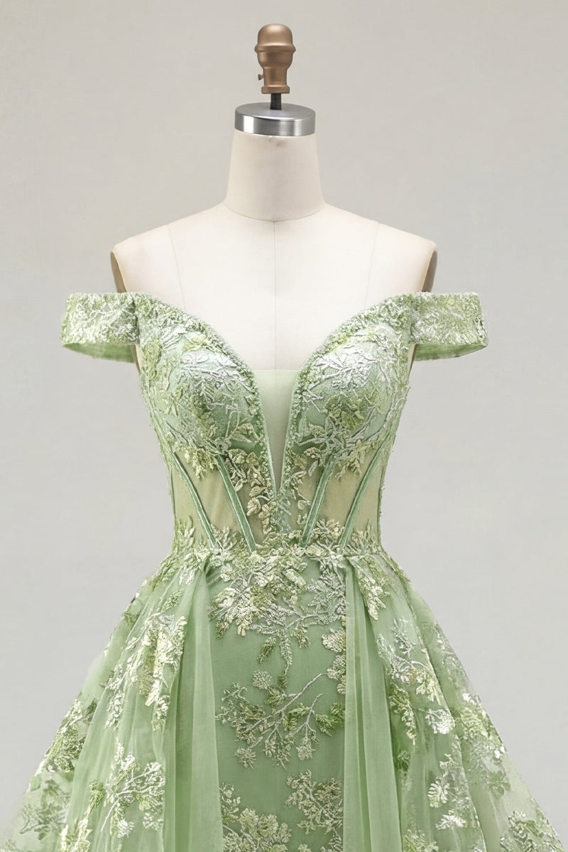Laden Sie das Bild in den Galerie-Viewer, Off-the-shoulder Grünes A-Linie Korsett Florales Langes Ballkleid mit Rüschen