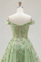 Laden Sie das Bild in den Galerie-Viewer, Off-the-shoulder Grünes A-Linie Korsett Florales Langes Ballkleid mit Rüschen