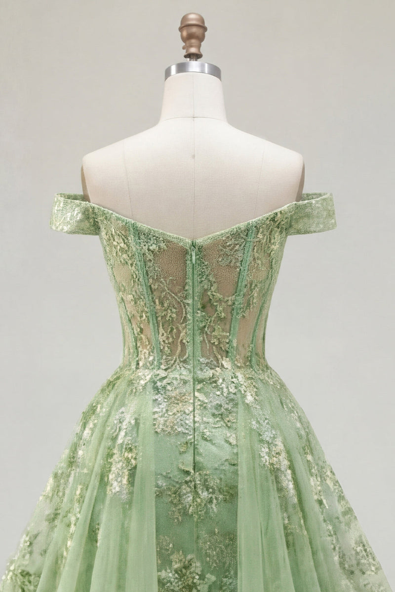 Laden Sie das Bild in den Galerie-Viewer, Off-the-shoulder Grünes A-Linie Korsett Florales Langes Ballkleid mit Rüschen
