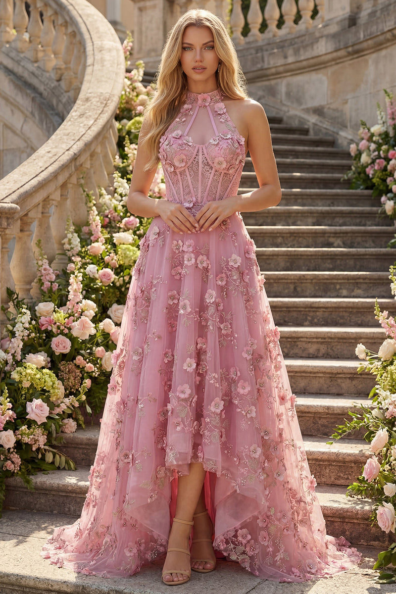 Laden Sie das Bild in den Galerie-Viewer, Taro A-Line Neckholder-Korsett, Langball-Kleid mit appliquierten 3D-Blumen