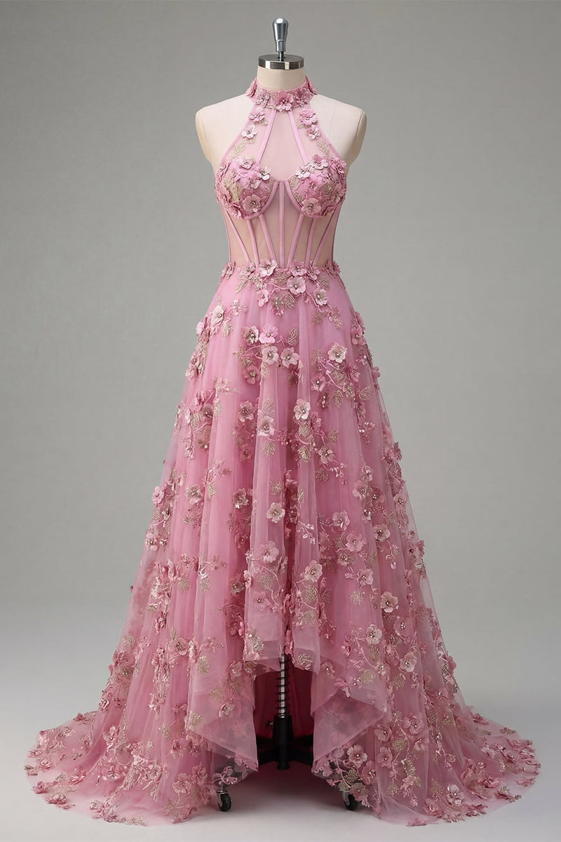 Laden Sie das Bild in den Galerie-Viewer, Taro A-Line Neckholder-Korsett, Langball-Kleid mit appliquierten 3D-Blumen