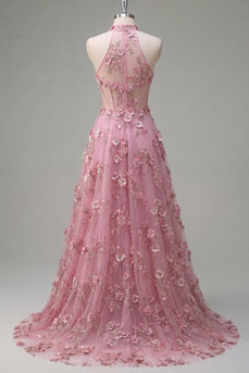 Taro A-Line Neckholder-Korsett, Langball-Kleid mit appliquierten 3D-Blumen