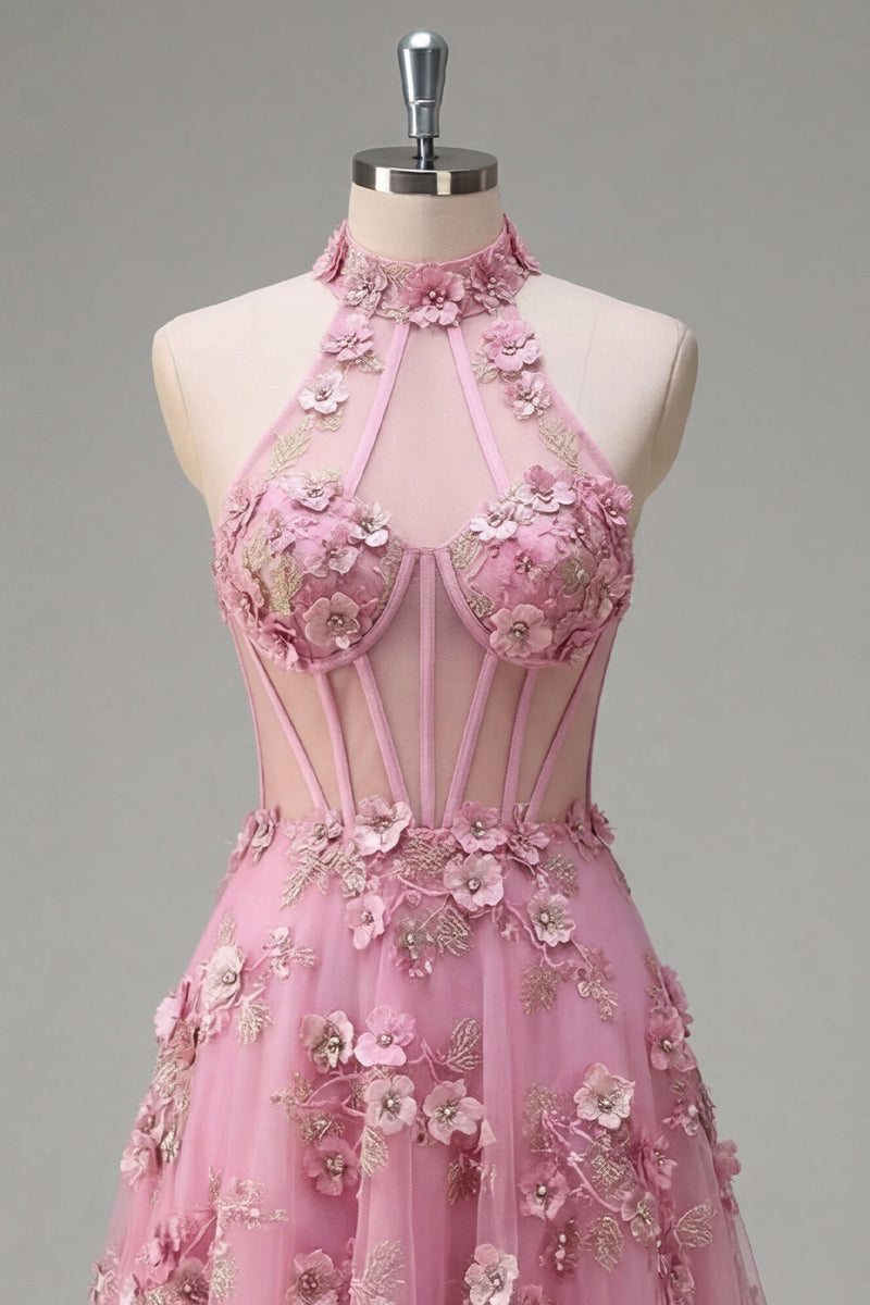 Laden Sie das Bild in den Galerie-Viewer, Taro A-Line Neckholder-Korsett, Langball-Kleid mit appliquierten 3D-Blumen