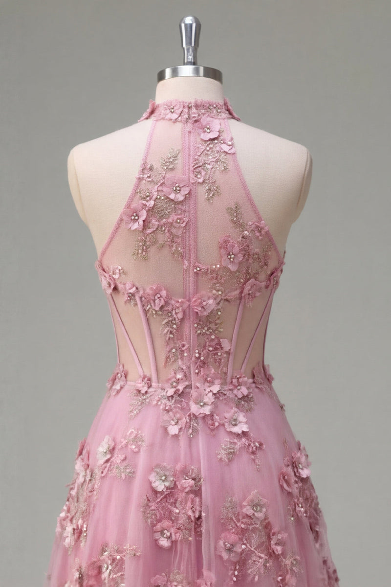 Laden Sie das Bild in den Galerie-Viewer, Taro A-Line Neckholder-Korsett, Langball-Kleid mit appliquierten 3D-Blumen
