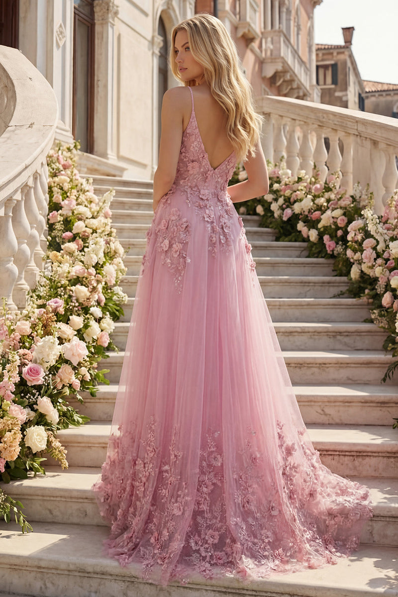 Laden Sie das Bild in den Galerie-Viewer, Taro A-Line Spaghetti-Träger Langball-Kleid mit appliquierten 3D-Blumen