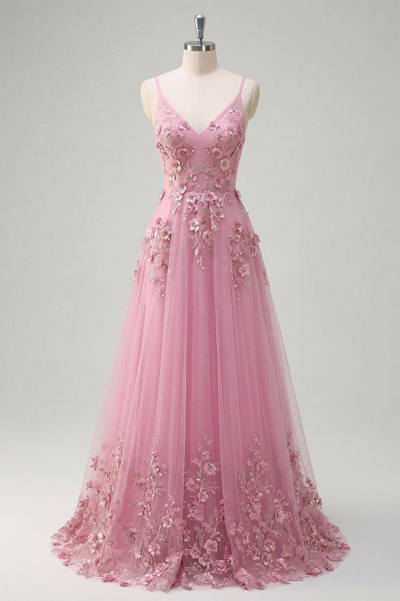 Laden Sie das Bild in den Galerie-Viewer, Taro A-Line Spaghetti-Träger Langball-Kleid mit appliquierten 3D-Blumen