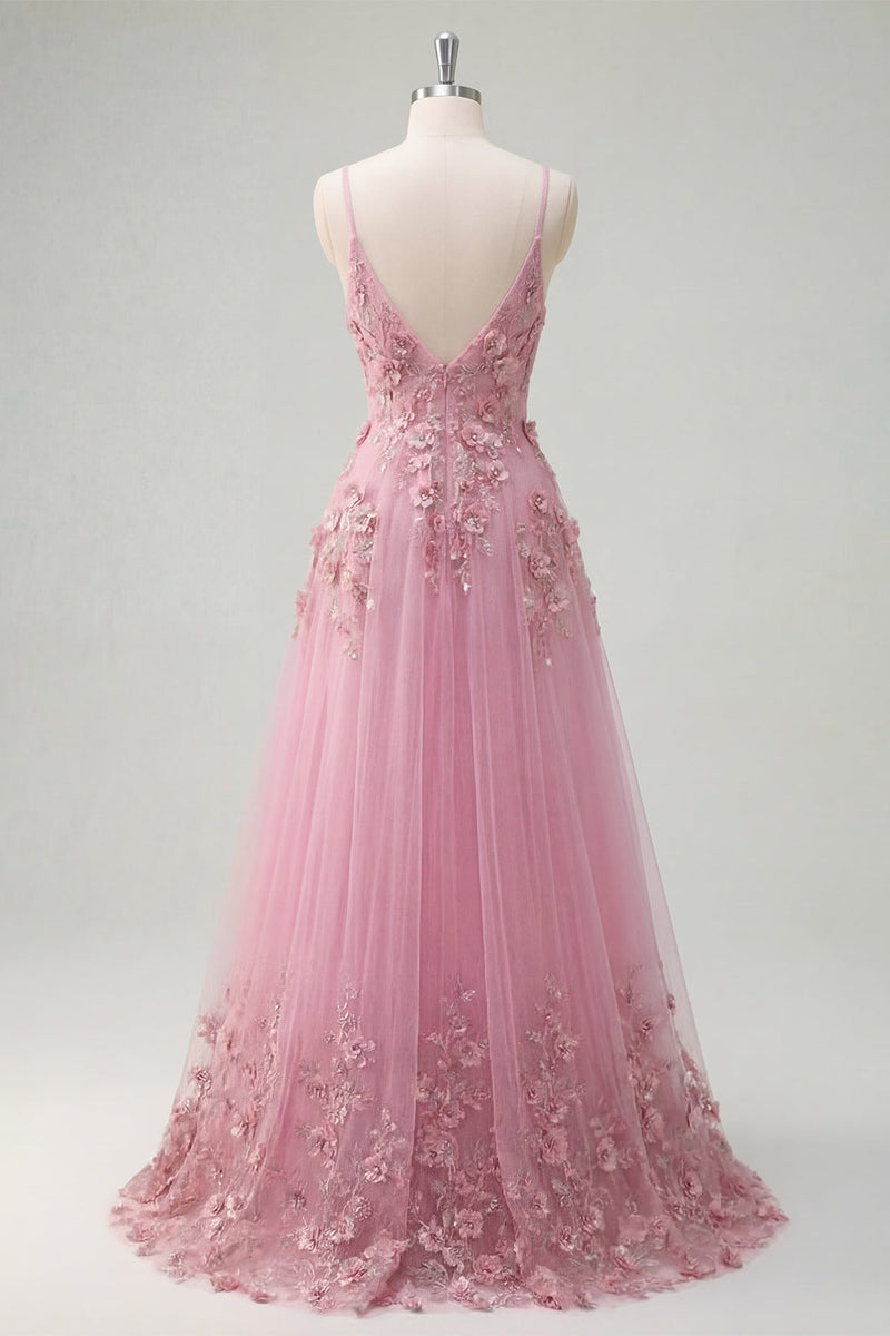 Laden Sie das Bild in den Galerie-Viewer, Taro A-Line Spaghetti-Träger Langball-Kleid mit appliquierten 3D-Blumen