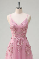 Laden Sie das Bild in den Galerie-Viewer, Taro A-Line Spaghetti-Träger Langball-Kleid mit appliquierten 3D-Blumen