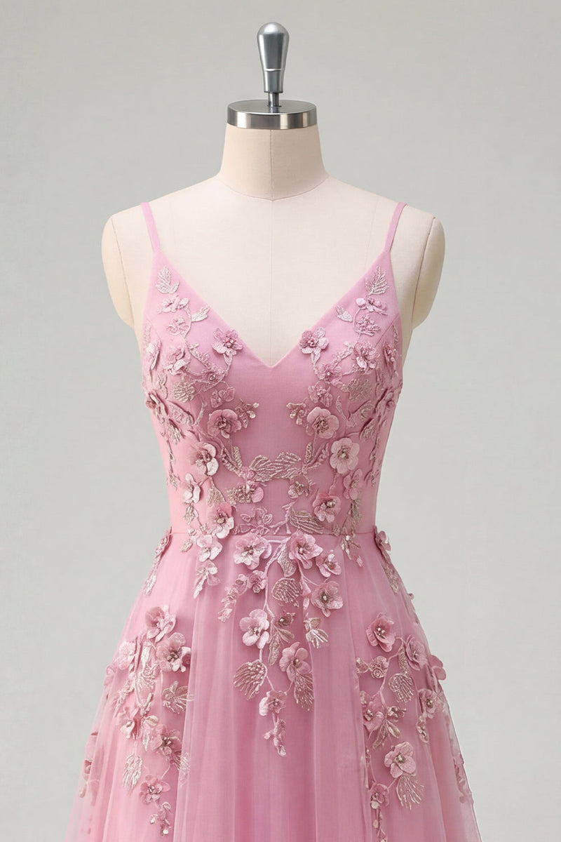 Laden Sie das Bild in den Galerie-Viewer, Taro A-Line Spaghetti-Träger Langball-Kleid mit appliquierten 3D-Blumen