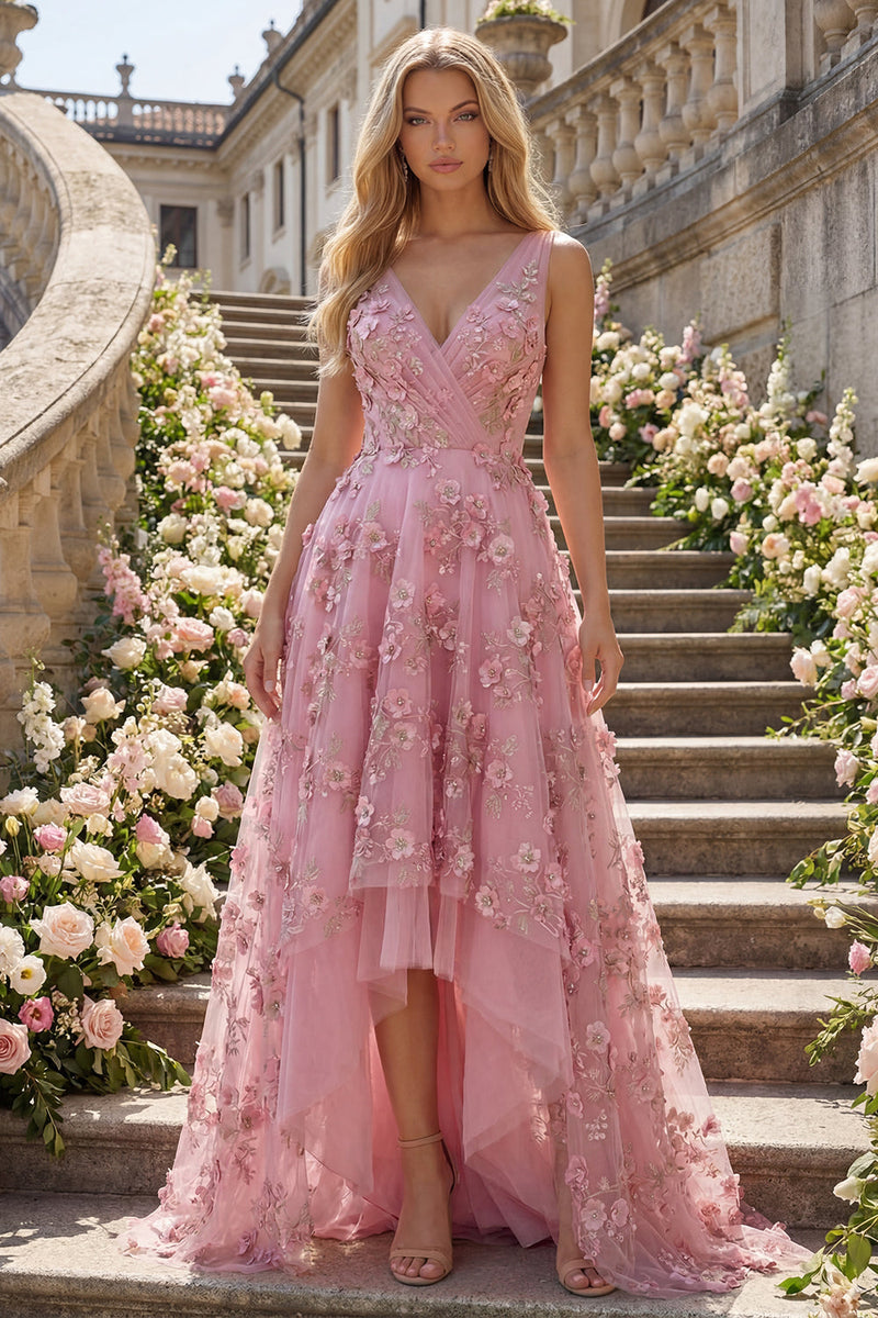 Laden Sie das Bild in den Galerie-Viewer, Perlenverziertes V-Line-Taro-Langball-Kleid mit Applikierten 3D-Blumen