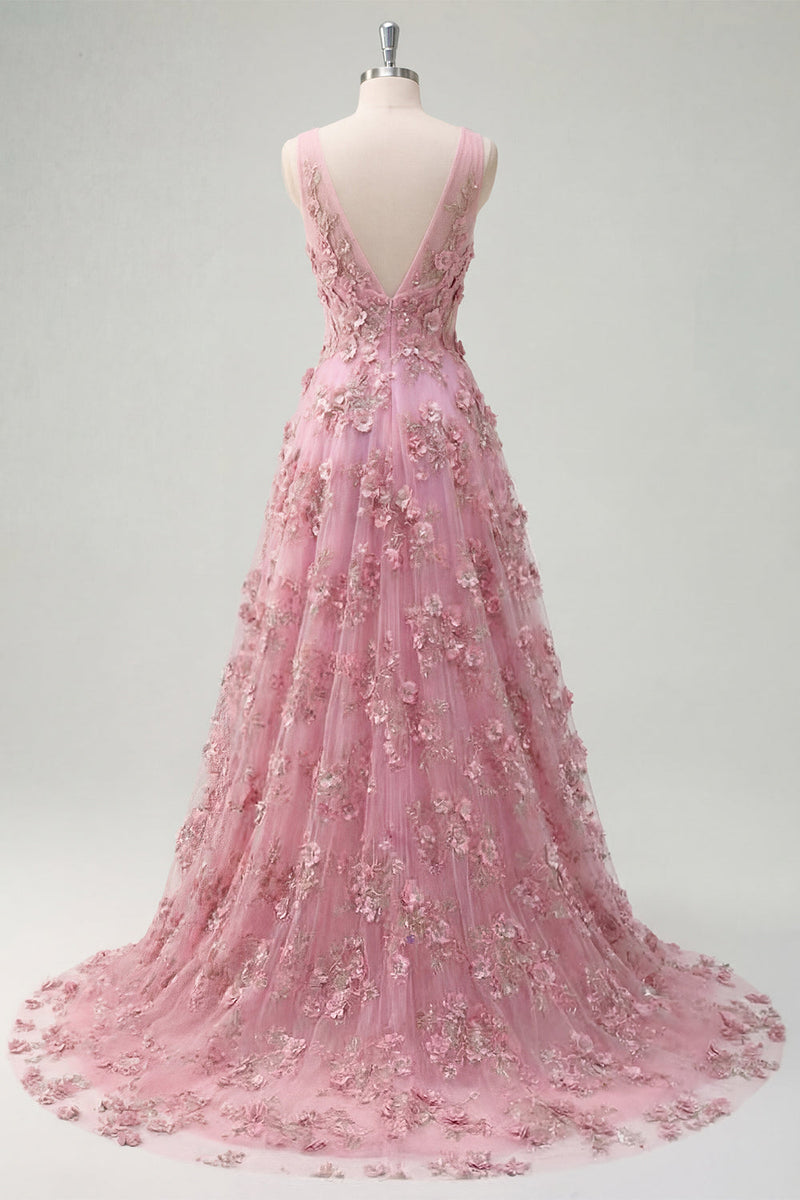 Laden Sie das Bild in den Galerie-Viewer, Perlenverziertes V-Line-Taro-Langball-Kleid mit Applikierten 3D-Blumen