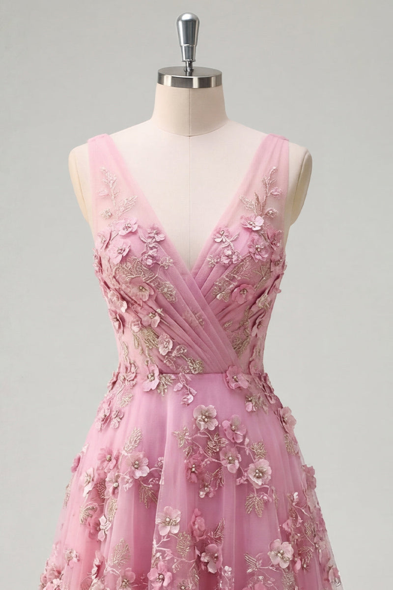 Laden Sie das Bild in den Galerie-Viewer, Perlenverziertes V-Line-Taro-Langball-Kleid mit Applikierten 3D-Blumen