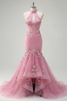 Laden Sie das Bild in den Galerie-Viewer, Meerjungfrauen-Taro-Neckholder-Korsett, perlenverziertes langes Abschlussballkleid mit 3D-Blumen