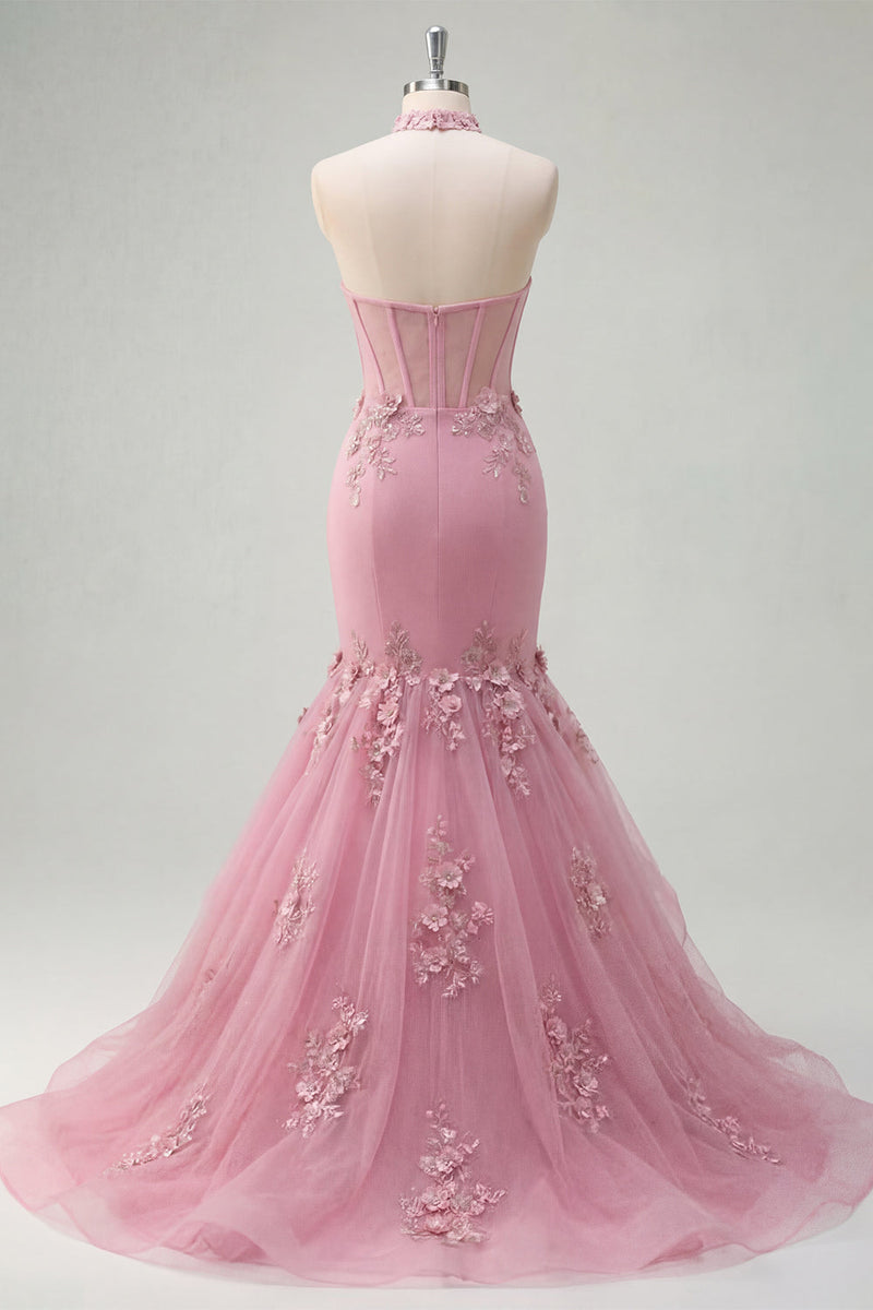 Laden Sie das Bild in den Galerie-Viewer, Meerjungfrauen-Taro-Neckholder-Korsett, perlenverziertes langes Abschlussballkleid mit 3D-Blumen