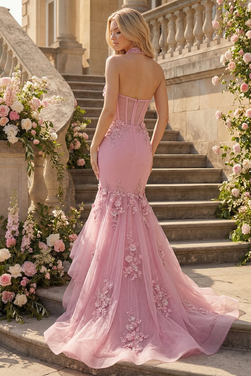 Laden Sie das Bild in den Galerie-Viewer, Meerjungfrauen-Taro-Neckholder-Korsett, perlenverziertes langes Abschlussballkleid mit 3D-Blumen