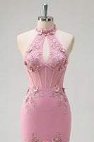 Laden Sie das Bild in den Galerie-Viewer, Meerjungfrauen-Taro-Neckholder-Korsett, perlenverziertes langes Abschlussballkleid mit 3D-Blumen