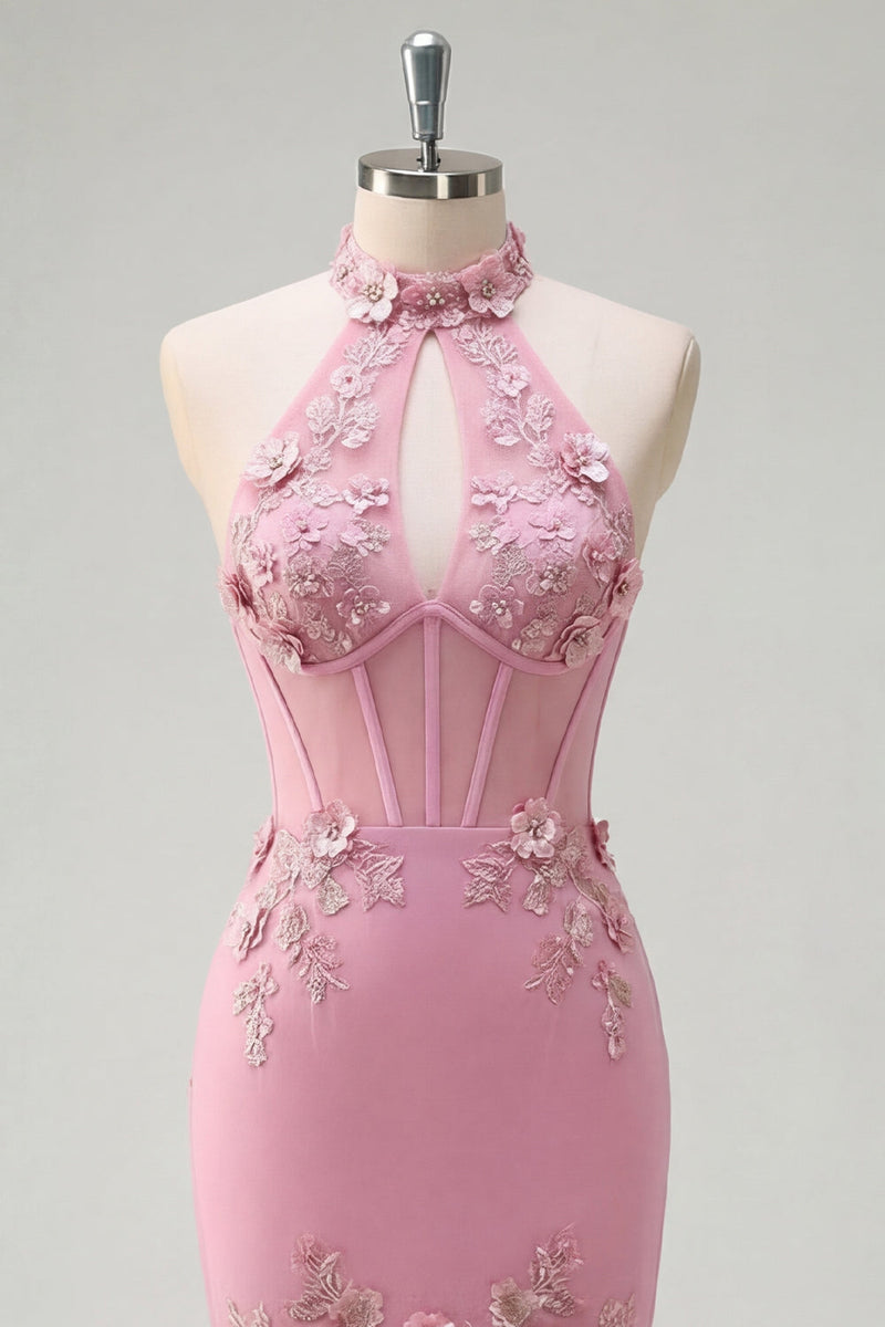 Laden Sie das Bild in den Galerie-Viewer, Meerjungfrauen-Taro-Neckholder-Korsett, perlenverziertes langes Abschlussballkleid mit 3D-Blumen