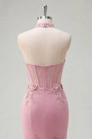 Laden Sie das Bild in den Galerie-Viewer, Meerjungfrauen-Taro-Neckholder-Korsett, perlenverziertes langes Abschlussballkleid mit 3D-Blumen