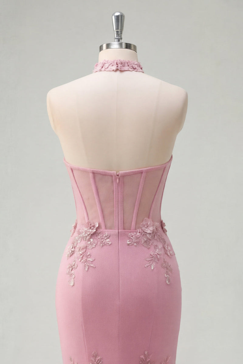 Laden Sie das Bild in den Galerie-Viewer, Meerjungfrauen-Taro-Neckholder-Korsett, perlenverziertes langes Abschlussballkleid mit 3D-Blumen
