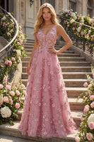 Laden Sie das Bild in den Galerie-Viewer, Perlenverziertes A-Linien-Taro-V-Ausschnitt-Applikiertes Langballkleid mit 3D-Blumen