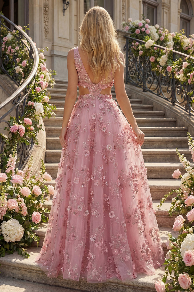 Laden Sie das Bild in den Galerie-Viewer, Perlenverziertes A-Linien-Taro-V-Ausschnitt-Applikiertes Langballkleid mit 3D-Blumen