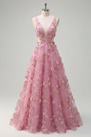 Laden Sie das Bild in den Galerie-Viewer, Perlenverziertes A-Linien-Taro-V-Ausschnitt-Applikiertes Langballkleid mit 3D-Blumen