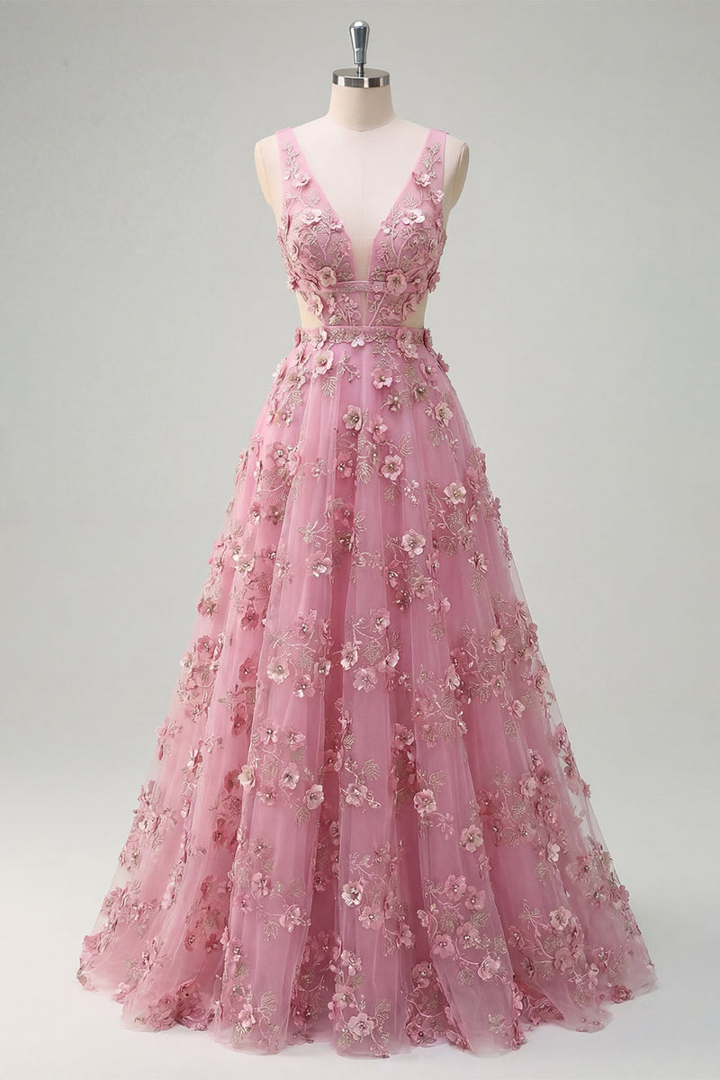 Laden Sie das Bild in den Galerie-Viewer, Perlenverziertes A-Linien-Taro-V-Ausschnitt-Applikiertes Langballkleid mit 3D-Blumen