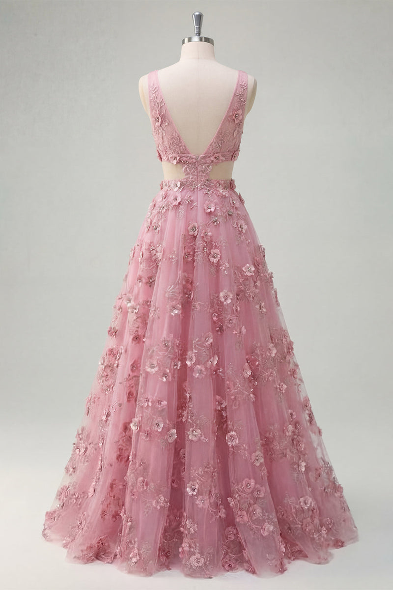 Laden Sie das Bild in den Galerie-Viewer, Perlenverziertes A-Linien-Taro-V-Ausschnitt-Applikiertes Langballkleid mit 3D-Blumen