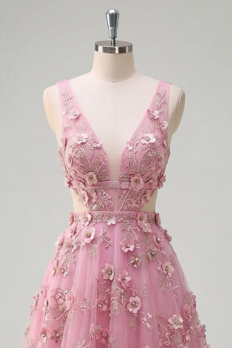 Laden Sie das Bild in den Galerie-Viewer, Perlenverziertes A-Linien-Taro-V-Ausschnitt-Applikiertes Langballkleid mit 3D-Blumen
