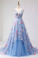 Laden Sie das Bild in den Galerie-Viewer, Blaues Blumen-A-Linie-Langball-Kleid mit V-Ausschnitt