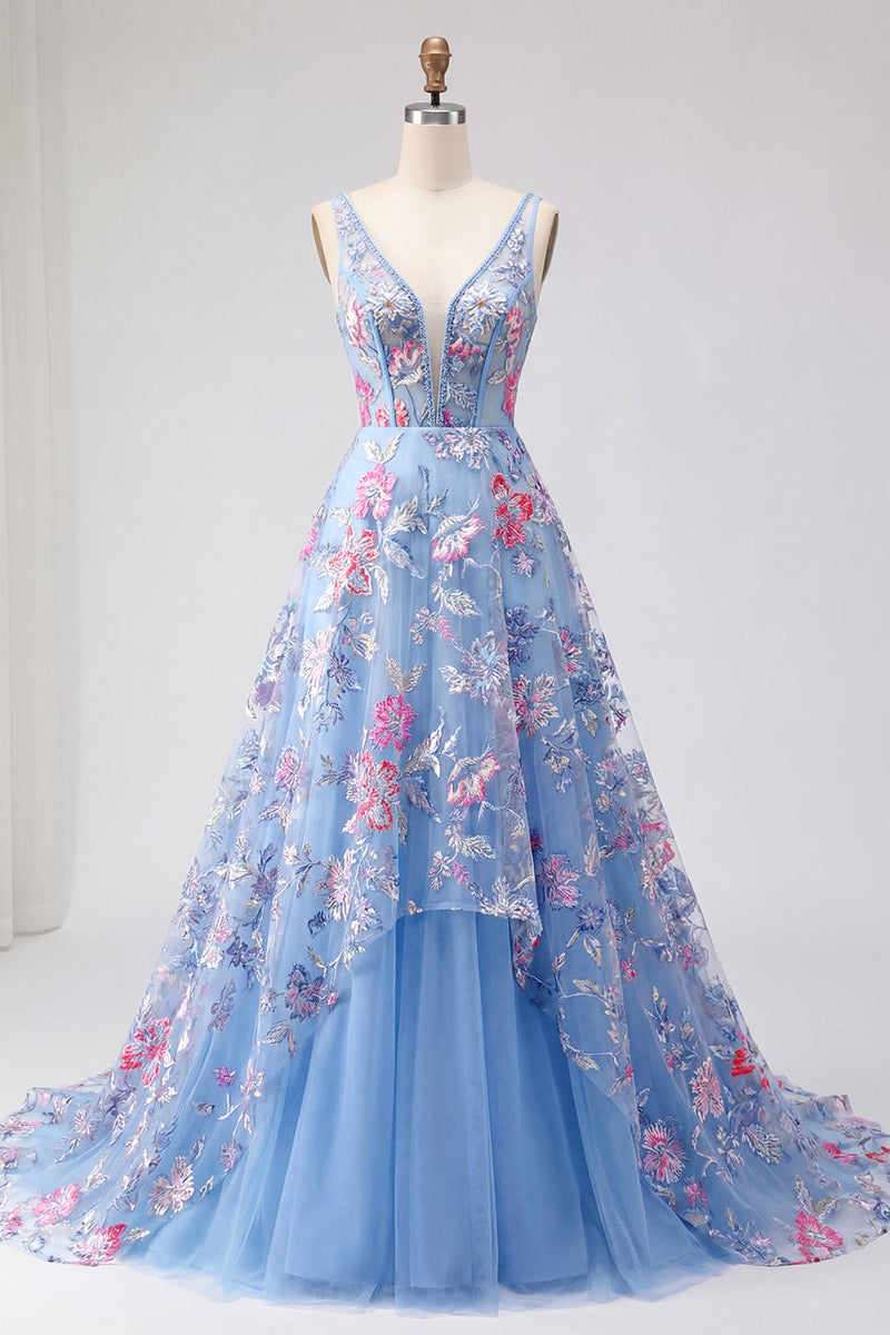 Laden Sie das Bild in den Galerie-Viewer, Blaues Blumen-A-Linie-Langball-Kleid mit V-Ausschnitt