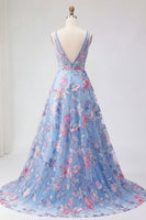 Laden Sie das Bild in den Galerie-Viewer, Blaues Blumen-A-Linie-Langball-Kleid mit V-Ausschnitt