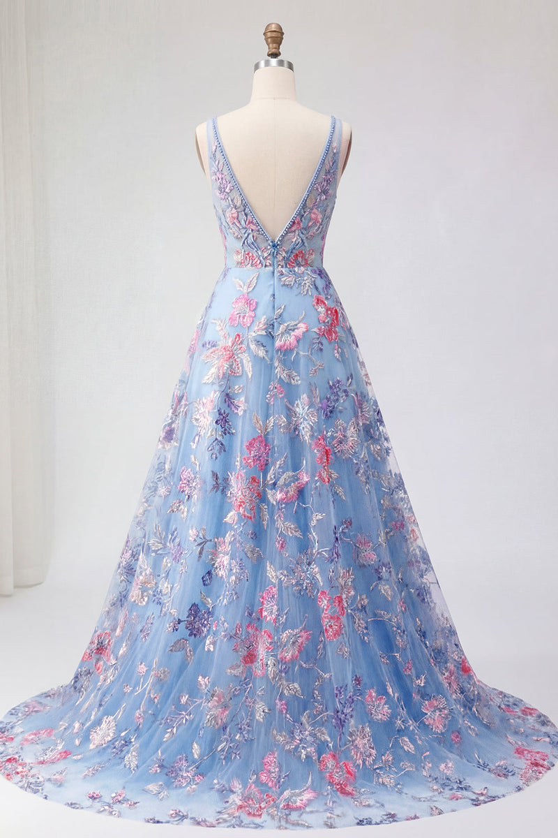 Laden Sie das Bild in den Galerie-Viewer, Blaues Blumen-A-Linie-Langball-Kleid mit V-Ausschnitt