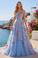 Laden Sie das Bild in den Galerie-Viewer, Blaues Blumen-A-Linie-Langball-Kleid mit V-Ausschnitt