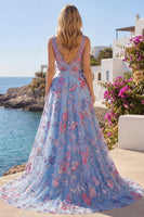 Laden Sie das Bild in den Galerie-Viewer, Blaues Blumen-A-Linie-Langball-Kleid mit V-Ausschnitt