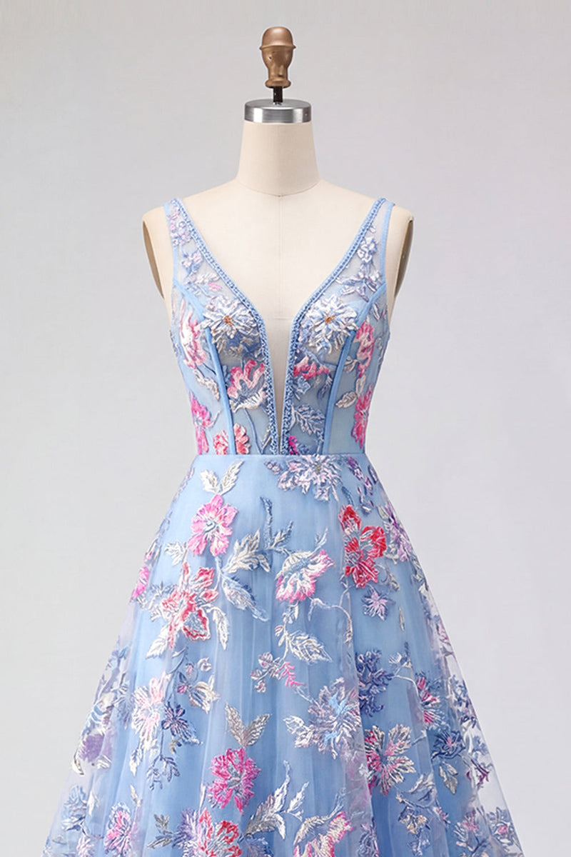 Laden Sie das Bild in den Galerie-Viewer, Blaues Blumen-A-Linie-Langball-Kleid mit V-Ausschnitt