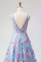 Laden Sie das Bild in den Galerie-Viewer, Blaues Blumen-A-Linie-Langball-Kleid mit V-Ausschnitt