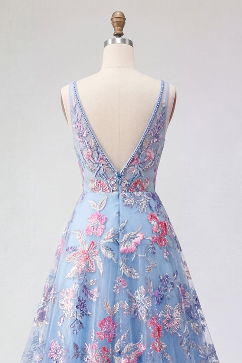 Laden Sie das Bild in den Galerie-Viewer, Blaues Blumen-A-Linie-Langball-Kleid mit V-Ausschnitt