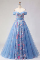 Laden Sie das Bild in den Galerie-Viewer, Off-the-shoulder blaues A-Line-Korsett-Korsett, langes Abschlussballkleid