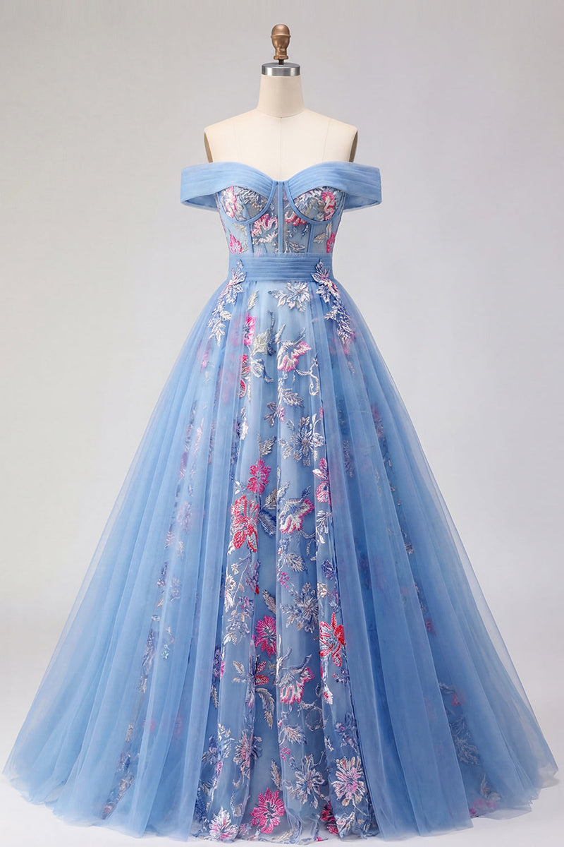 Laden Sie das Bild in den Galerie-Viewer, Off-the-shoulder blaues A-Line-Korsett-Korsett, langes Abschlussballkleid
