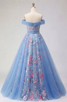 Laden Sie das Bild in den Galerie-Viewer, Off-the-shoulder blaues A-Line-Korsett-Korsett, langes Abschlussballkleid