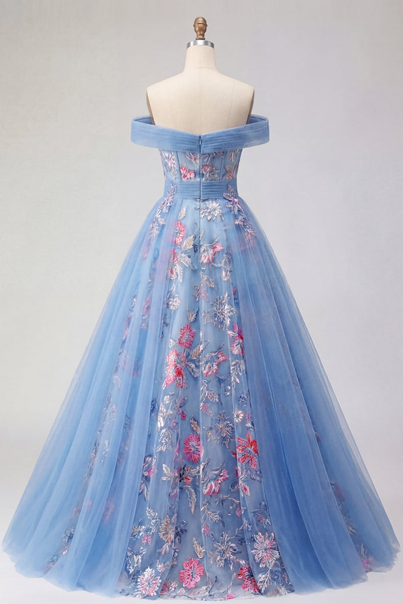 Laden Sie das Bild in den Galerie-Viewer, Off-the-shoulder blaues A-Line-Korsett-Korsett, langes Abschlussballkleid