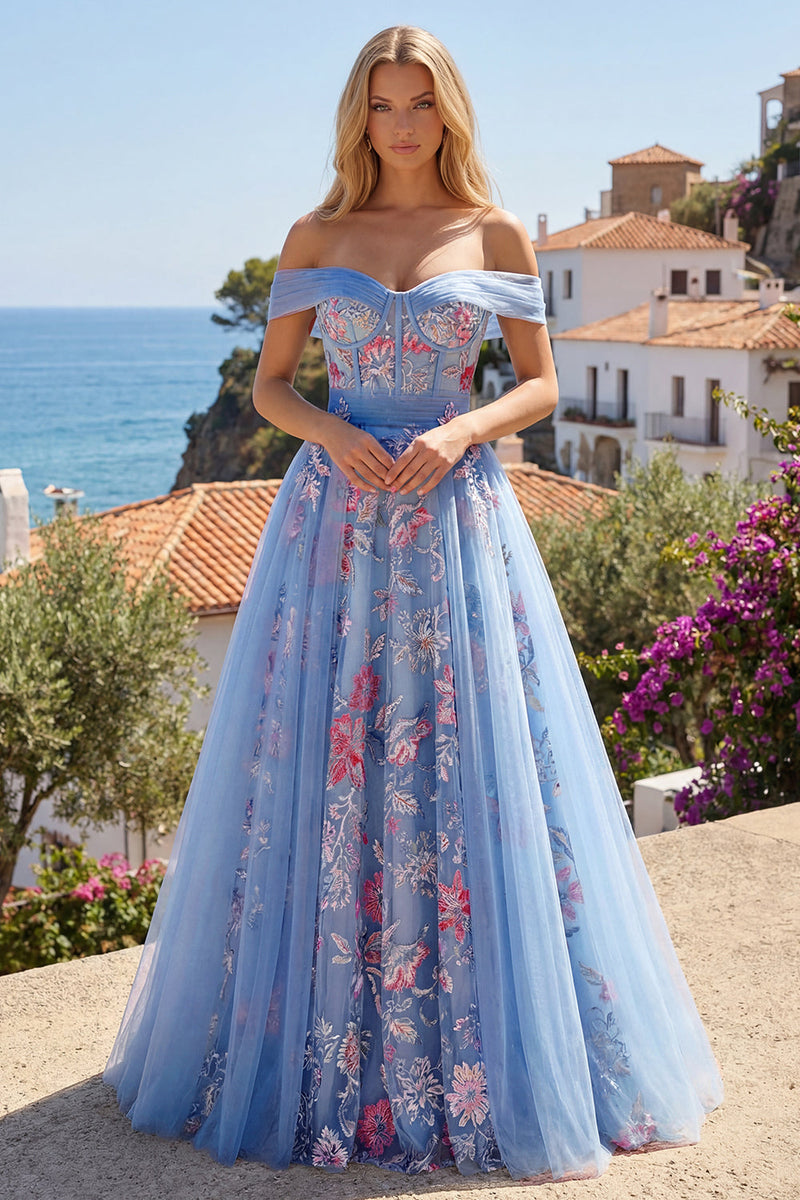 Laden Sie das Bild in den Galerie-Viewer, Off-the-shoulder blaues A-Line-Korsett-Korsett, langes Abschlussballkleid
