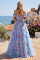 Laden Sie das Bild in den Galerie-Viewer, Off-the-shoulder blaues A-Line-Korsett-Korsett, langes Abschlussballkleid