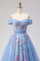Laden Sie das Bild in den Galerie-Viewer, Off-the-shoulder blaues A-Line-Korsett-Korsett, langes Abschlussballkleid