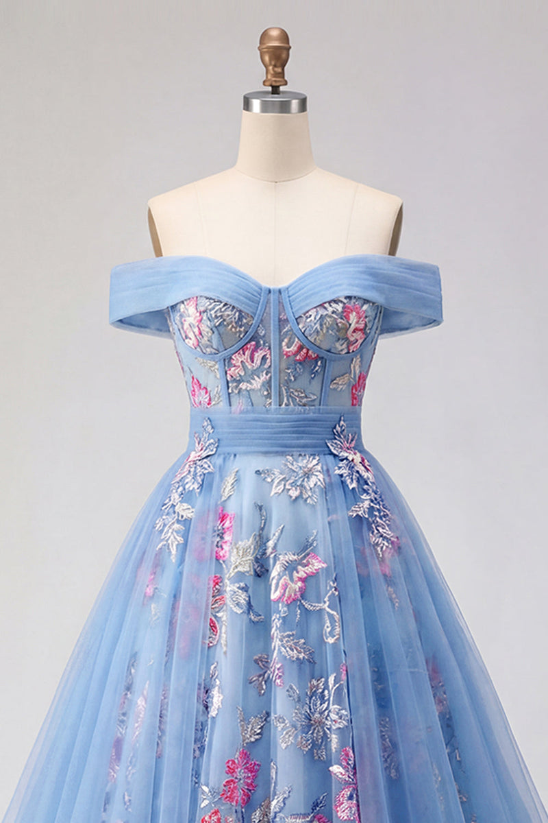 Laden Sie das Bild in den Galerie-Viewer, Off-the-shoulder blaues A-Line-Korsett-Korsett, langes Abschlussballkleid