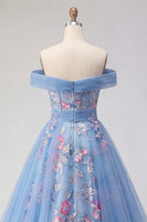 Laden Sie das Bild in den Galerie-Viewer, Off-the-shoulder blaues A-Line-Korsett-Korsett, langes Abschlussballkleid